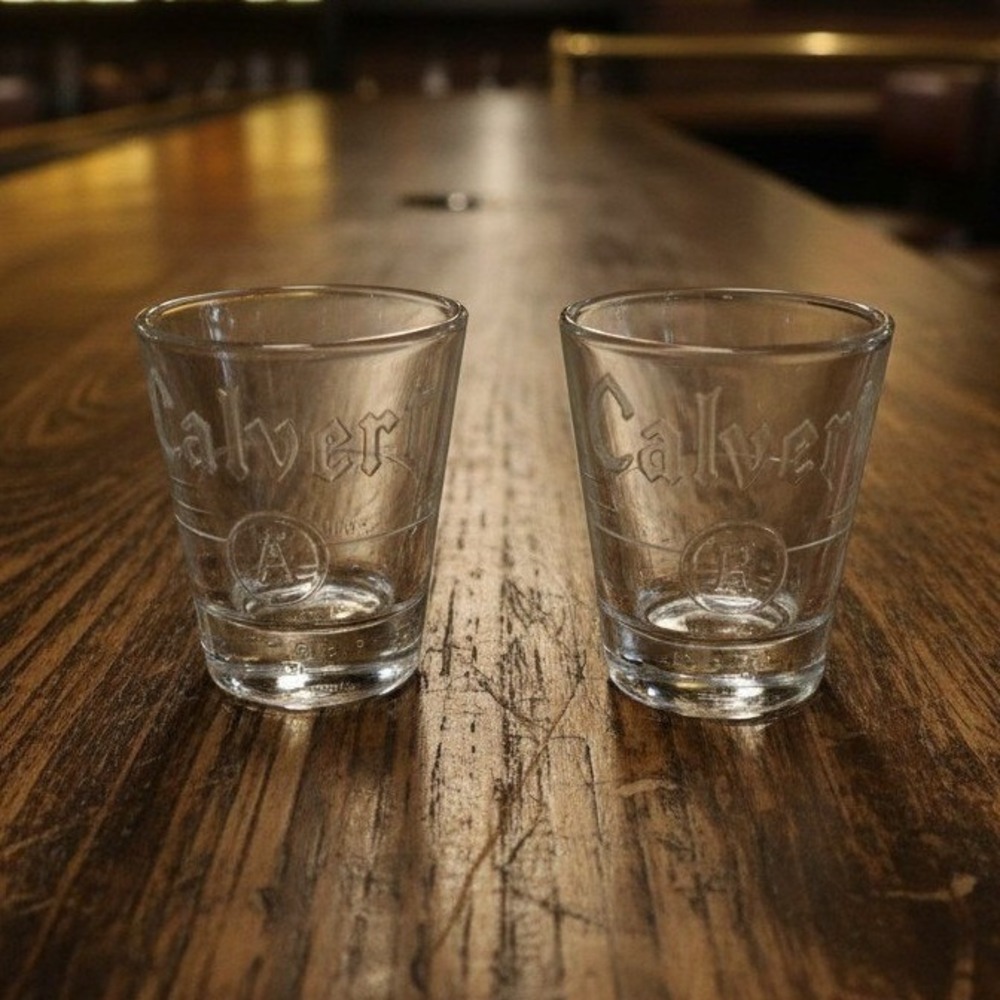 Calvert Whiskey Shot‎ Glasses, Set of 2, Vintage A-B Taste Testing Design